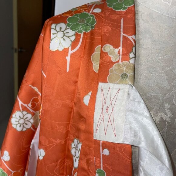 Womens Kimono One Size Orange Maxi Length Tie Front Lined Floral Embossed - Picture 8 of 16